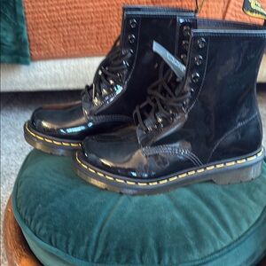 Dr. Martens Shiny Black Boots with Yellow Accents